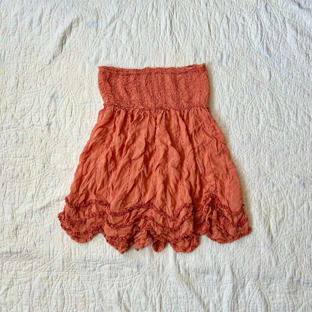 Intimately Free People Smocked Tube Top Mini Dress Rust Orange Eyelet Ruffle M